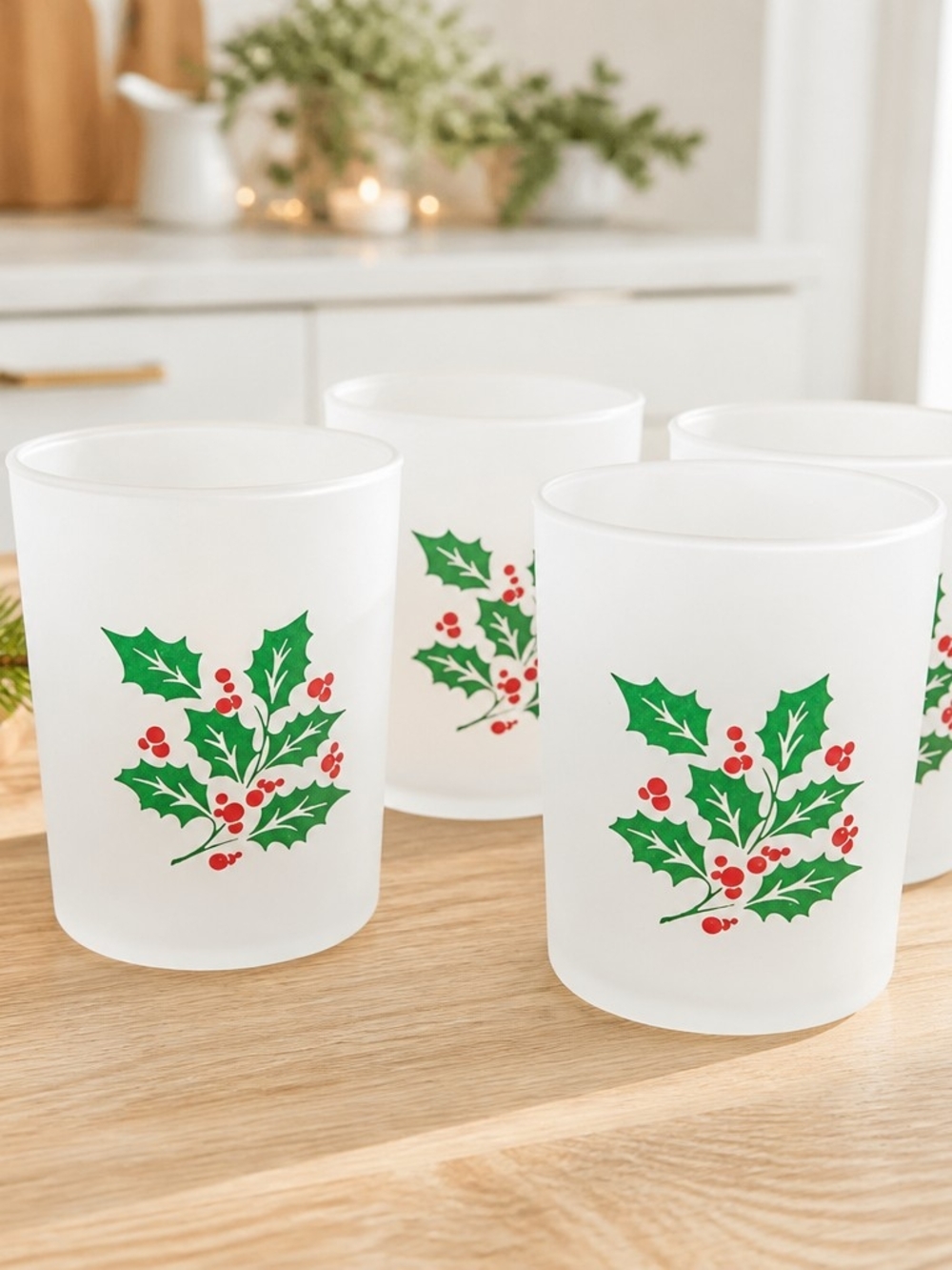 Frosted Glass Holiday Holly Tumblers - Set of 4